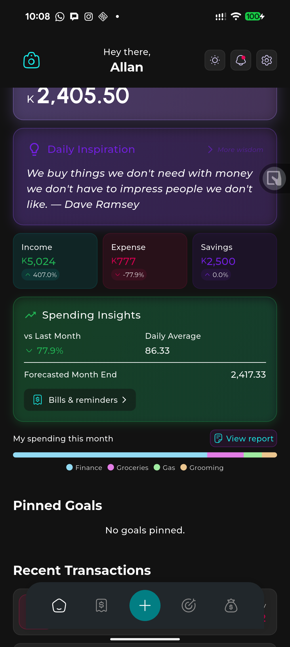Allan's Fin Vault – Dashboard and balance